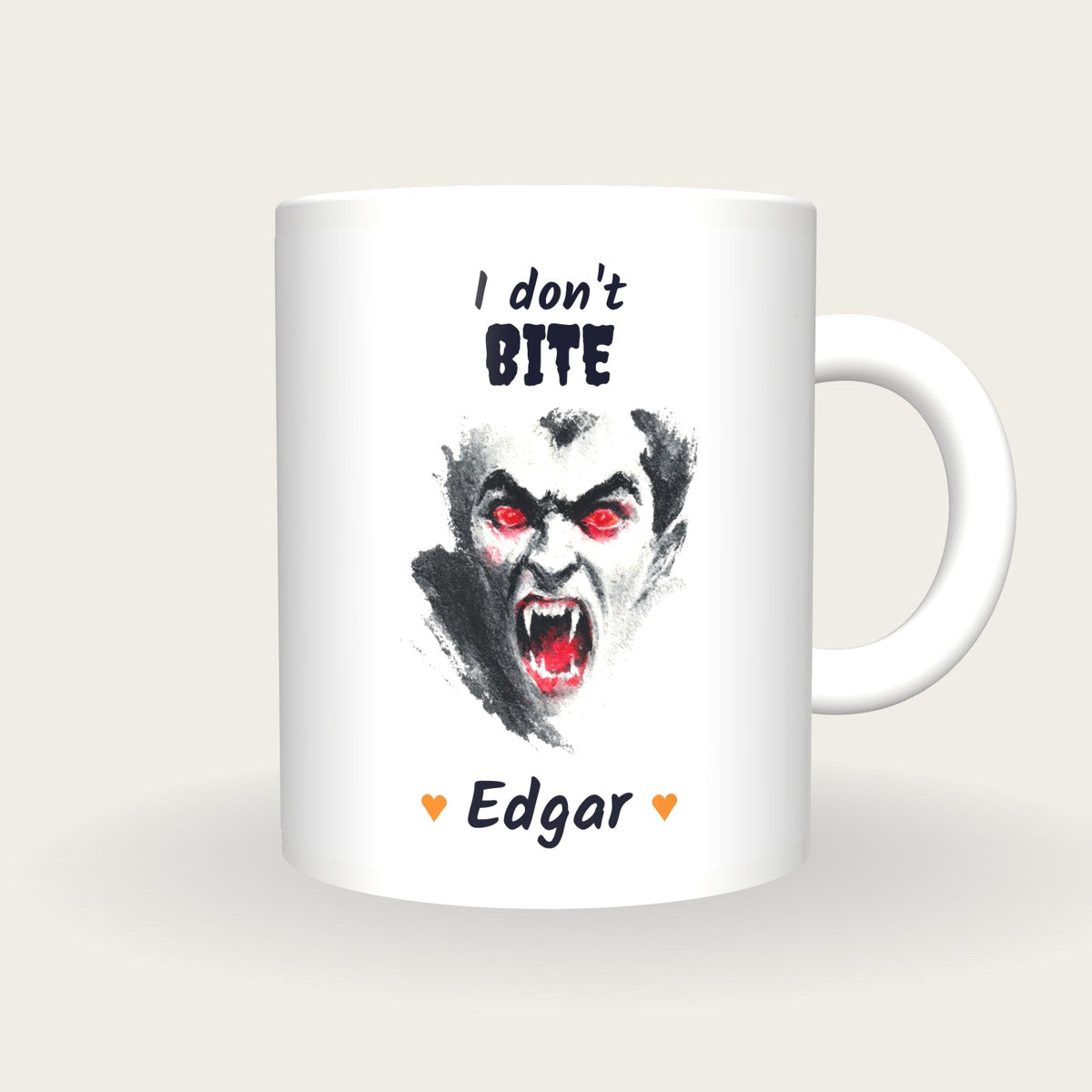 Personalised Vampire Mug, I Don't Bite, front