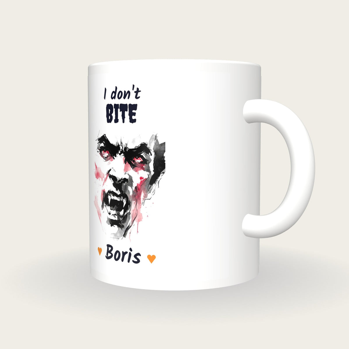 Personalised Vampire Portrait Mug, I Don't Bite, three-quarter view
