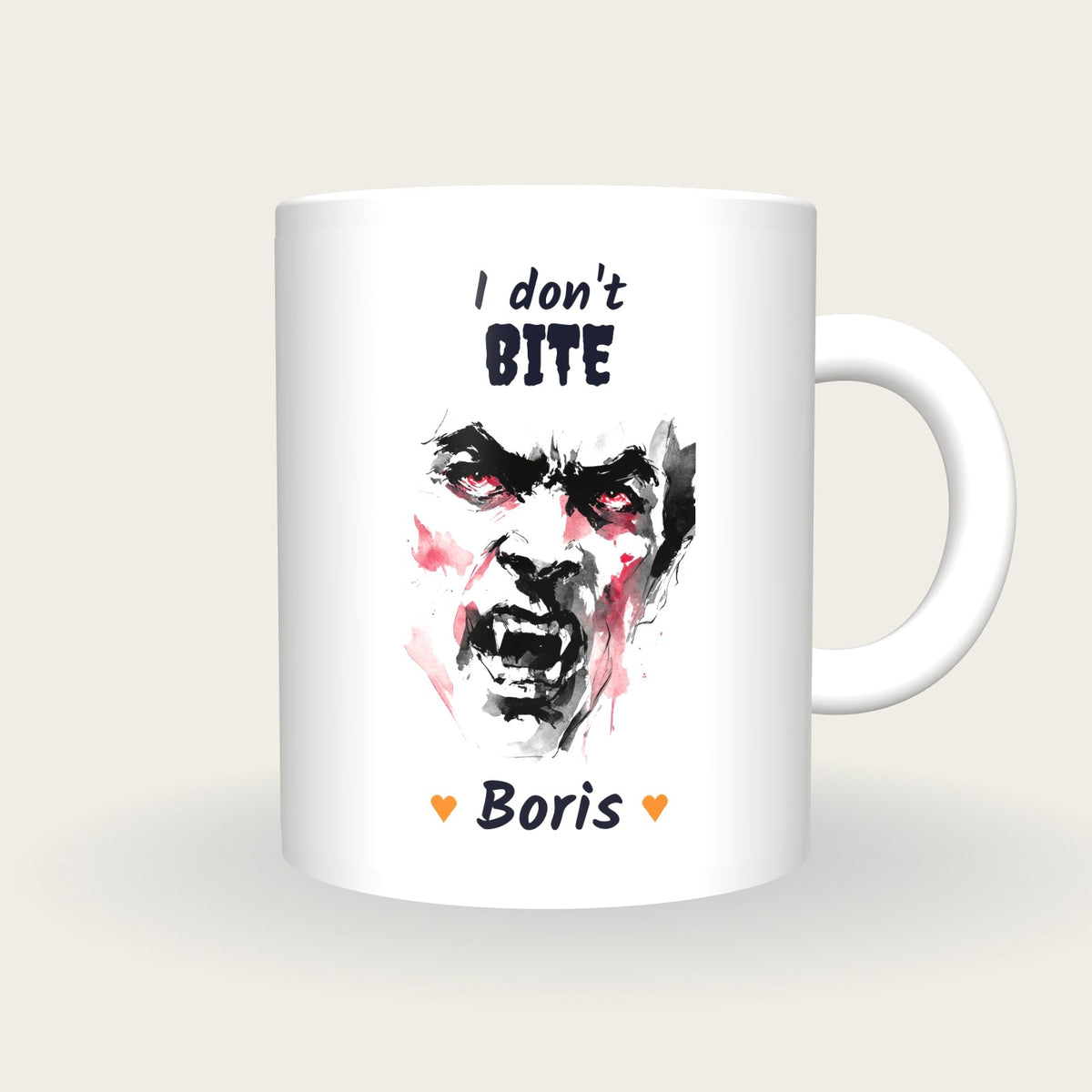 Personalised Vampire Portrait Mug, I Don't Bite, front