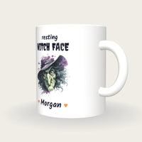 Personalised Witch Portrait Mug, Resting Witch Face, three-quarter view