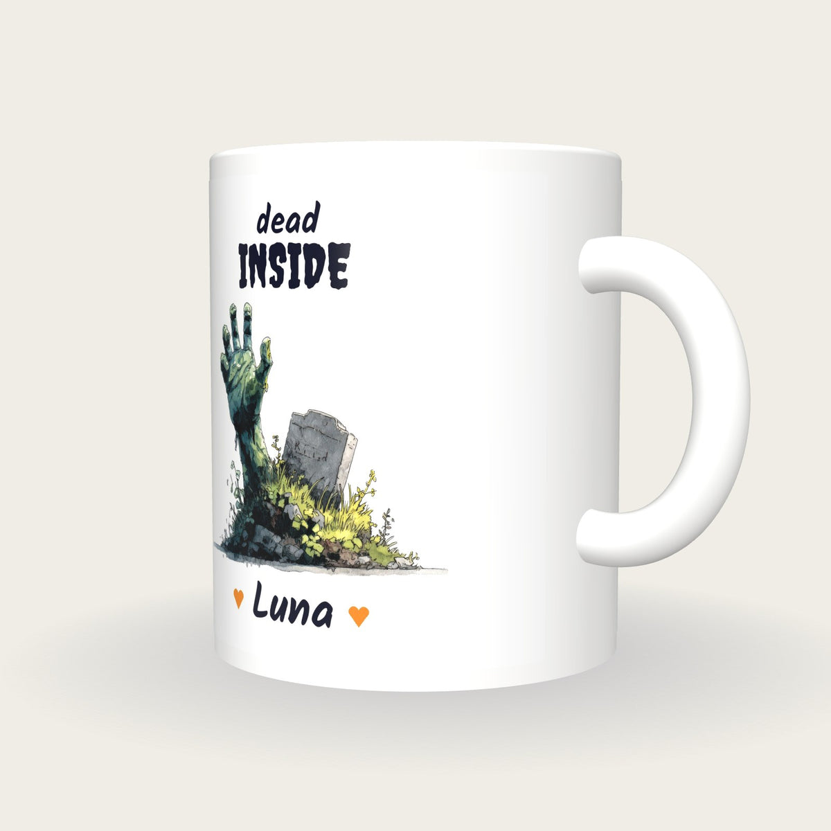 Personalised Zombie Hand Mug, Dead Inside, three-quarter view