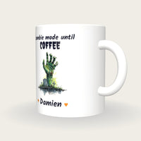 Personalised Zombie Hand Mug, Zombie Mode Until Coffee, three-quarter view