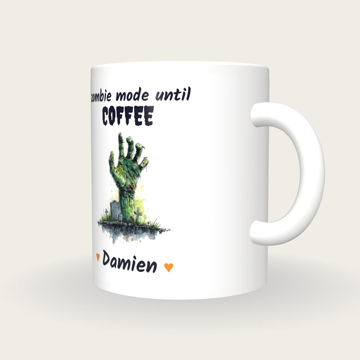 Personalised Zombie Hand Mug, Zombie Mode Until Coffee, three-quarter view