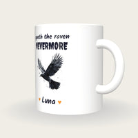 Personalised Raven In Flight Mug, Quoth The Raven Nevermore, three-quarter view