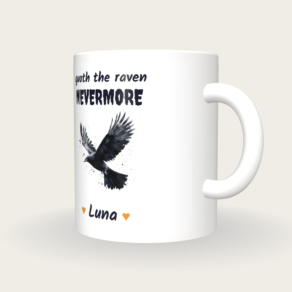 Personalised Raven In Flight Mug, Quoth The Raven Nevermore, three-quarter view
