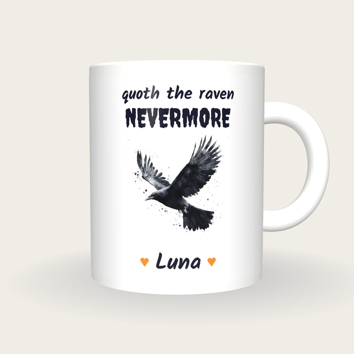 Personalised Raven In Flight Mug, Quoth The Raven Nevermore, front