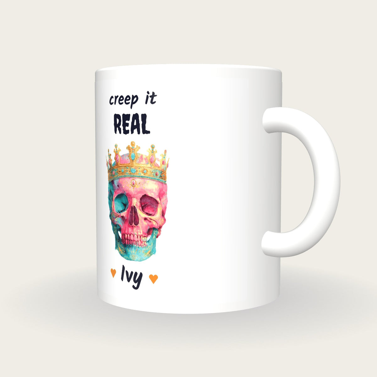 Personalised Neon Crowned Skull Mug, Creep It Real, three-quarter view