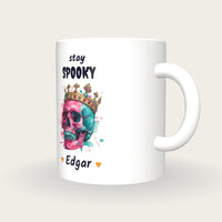 Personalised Neon Crowned Skull Mug, Stay Spooky, three-quarter view