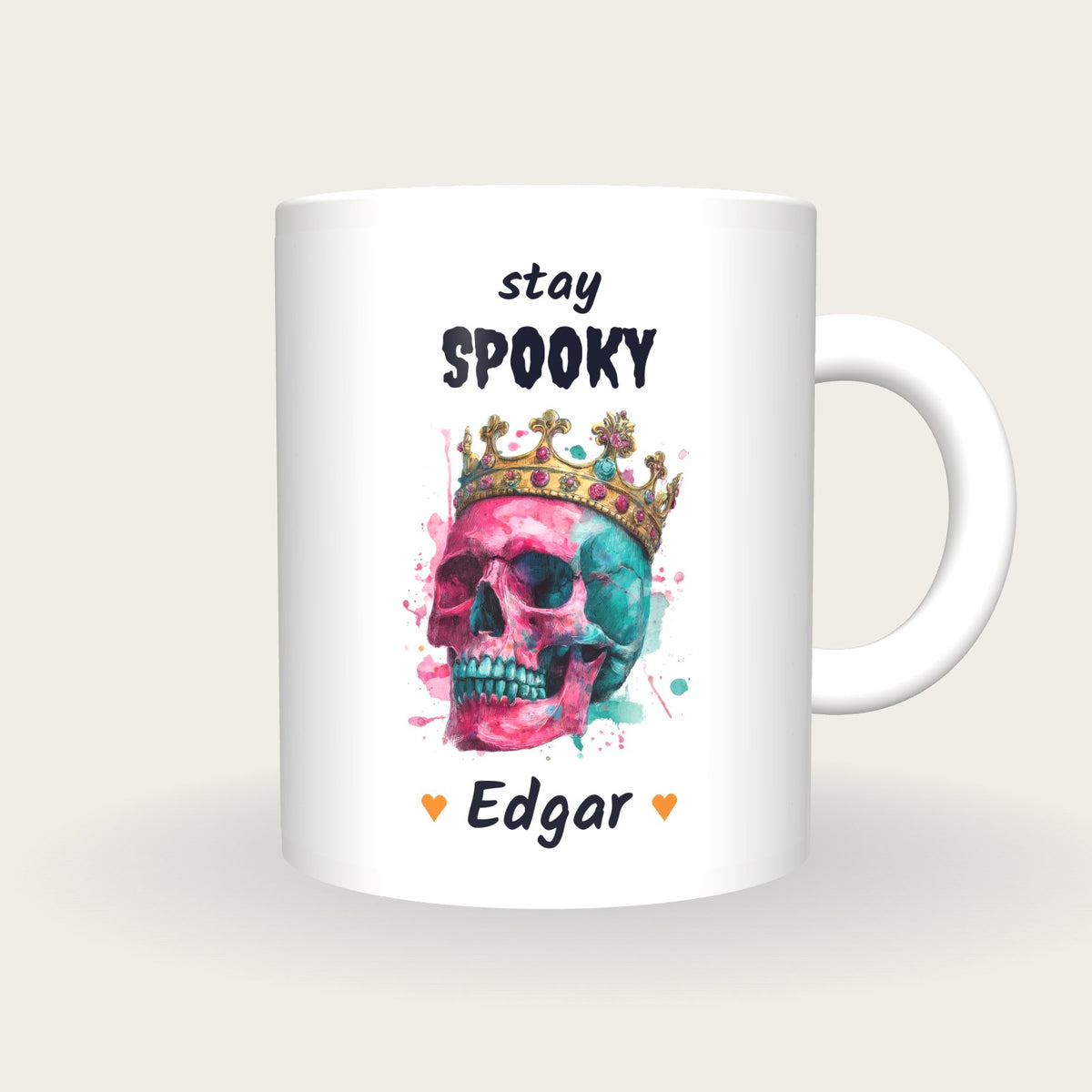 Personalised Neon Crowned Skull Mug, Stay Spooky, front