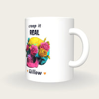 Personalised Neon Skull And Roses Mug, Creep It Real, three-quarter view