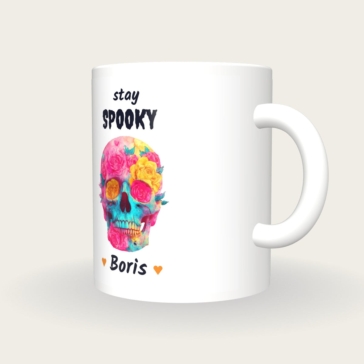 Personalised Neon Skull And Roses Mug, Stay Spooky, three-quarter view