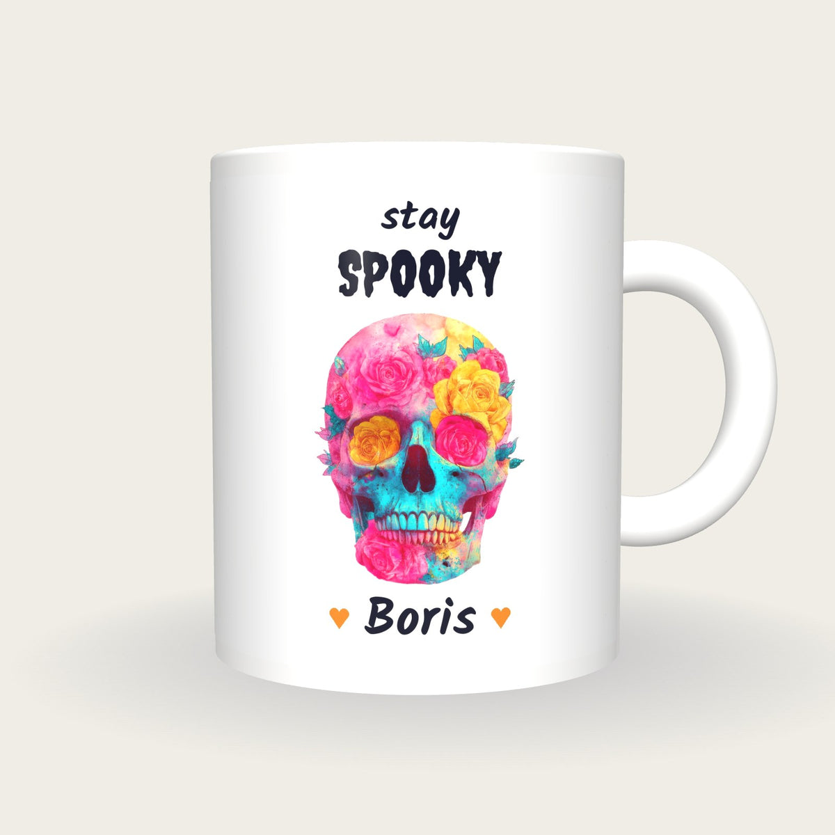 Personalised Neon Skull And Roses Mug, Stay Spooky, front