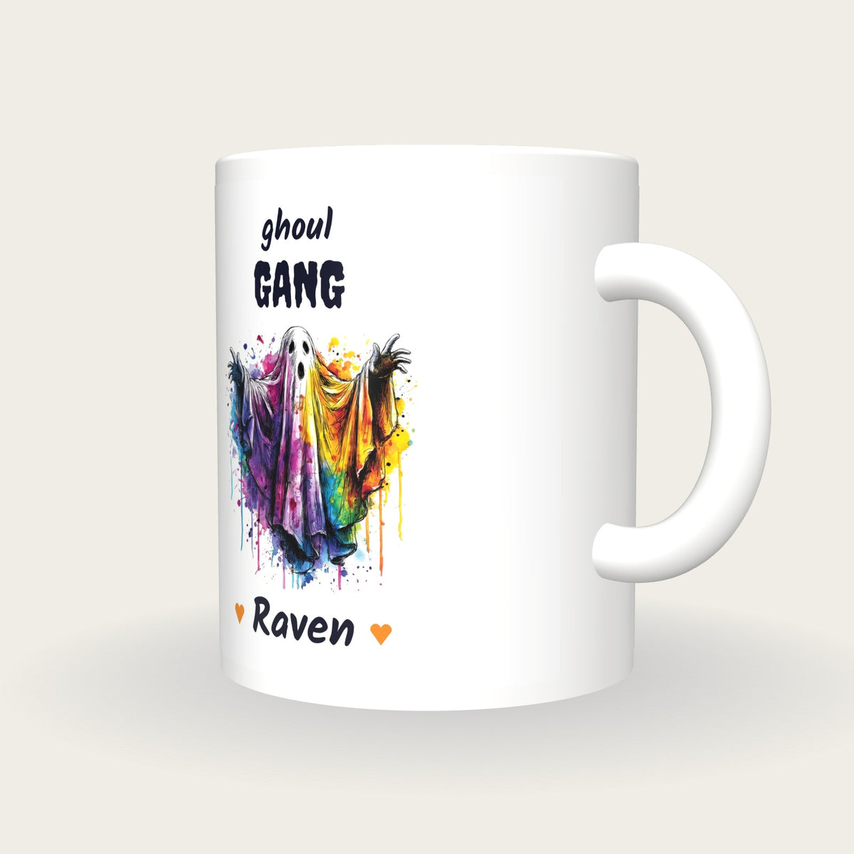 Personalised Neon Ghost Mug, Ghoul Gang, three-quarter view