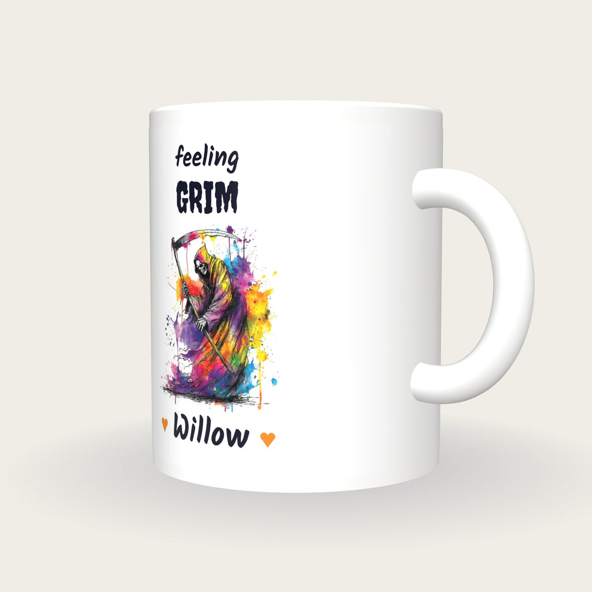 Personalised Neon Grim Reaper Mug, Feeling Grim, three-quarter view