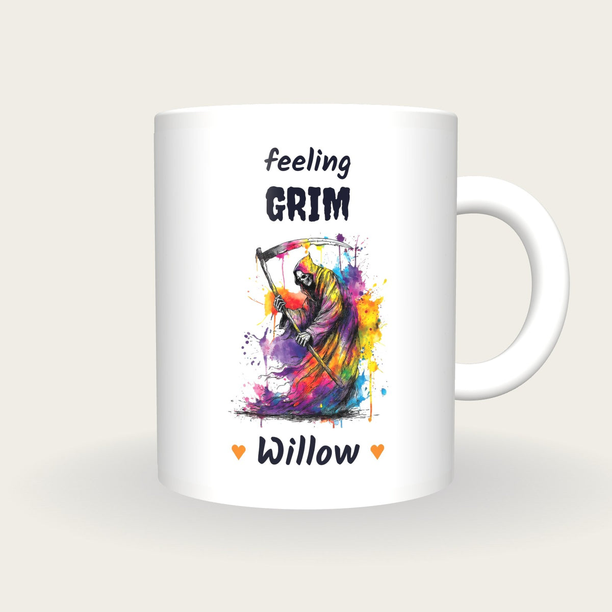 Personalised Neon Grim Reaper Mug, Feeling Grim, front