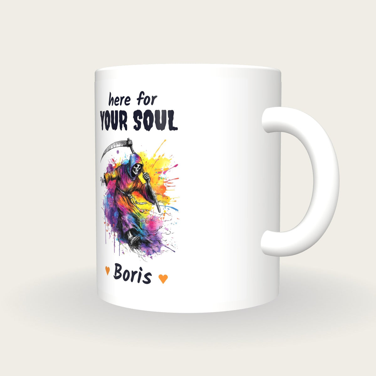 Personalised Neon Grim Reaper Mug, Here For Your Soul, three-quarter view