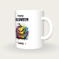 Personalised Neon Pumpkin Mug, Happy Halloween, three-quarter view