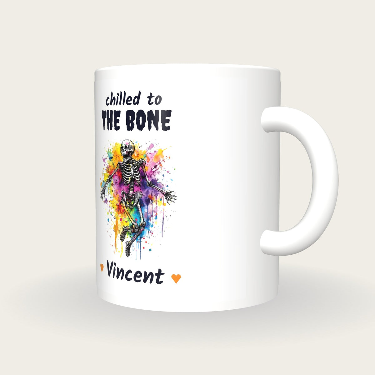 Personalised Neon Skeleton Mug, Chilled To The Bone, three-quarter view