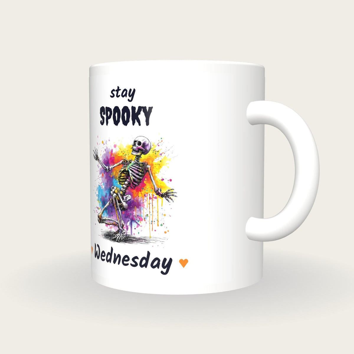 Personalised Neon Skeleton Mug, Stay Spooky, three-quarter view