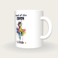 Personalised Neon Witch Mug, Head Of The Coven, three-quarter view