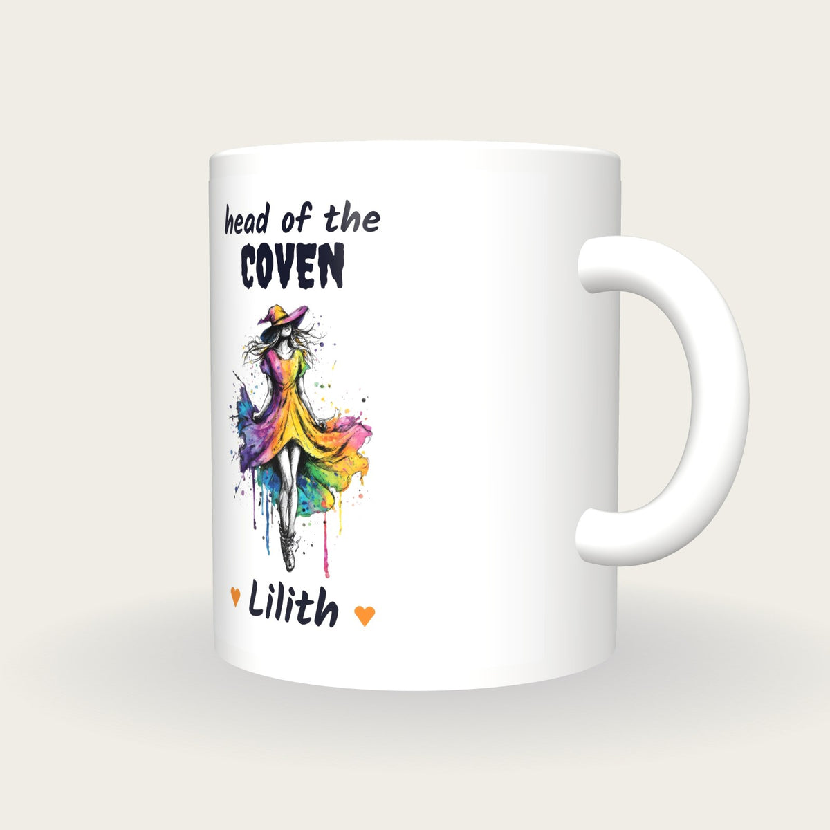 Personalised Neon Witch Mug, Head Of The Coven, three-quarter view