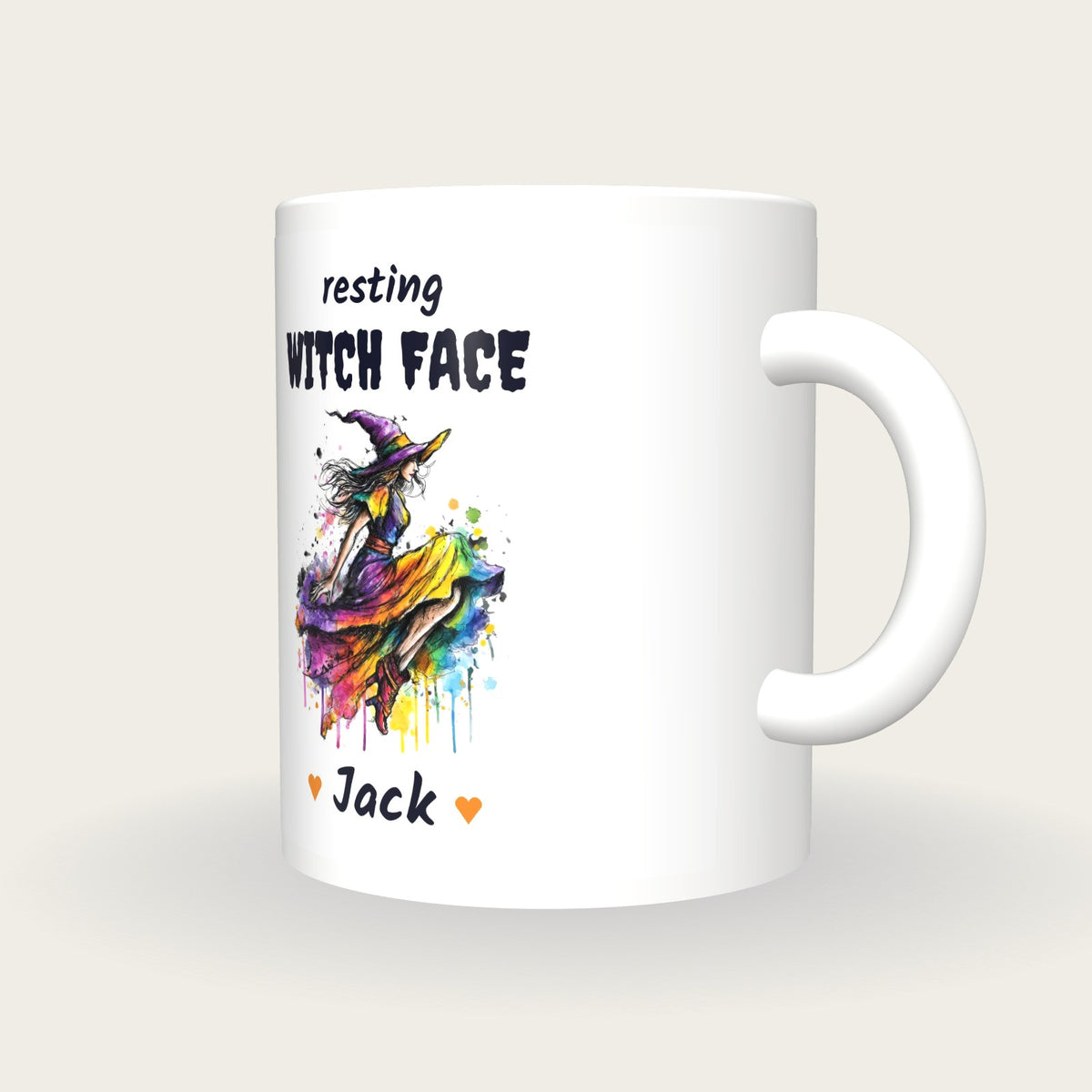 Personalised Neon Witch Mug, Resting Witch Face, three-quarter view