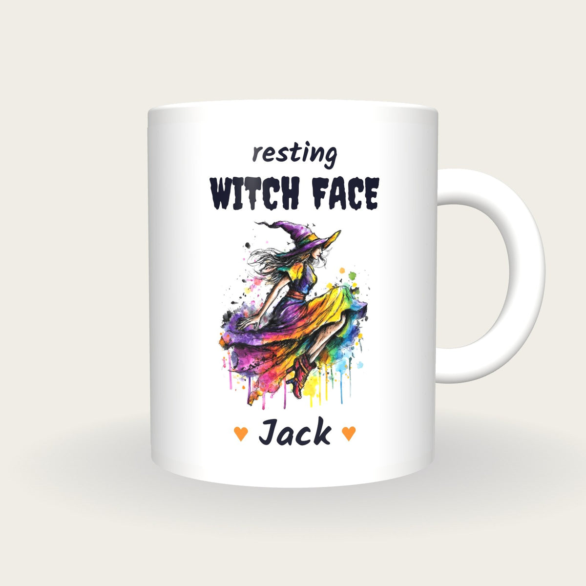 Personalised Neon Witch Mug, Resting Witch Face, front