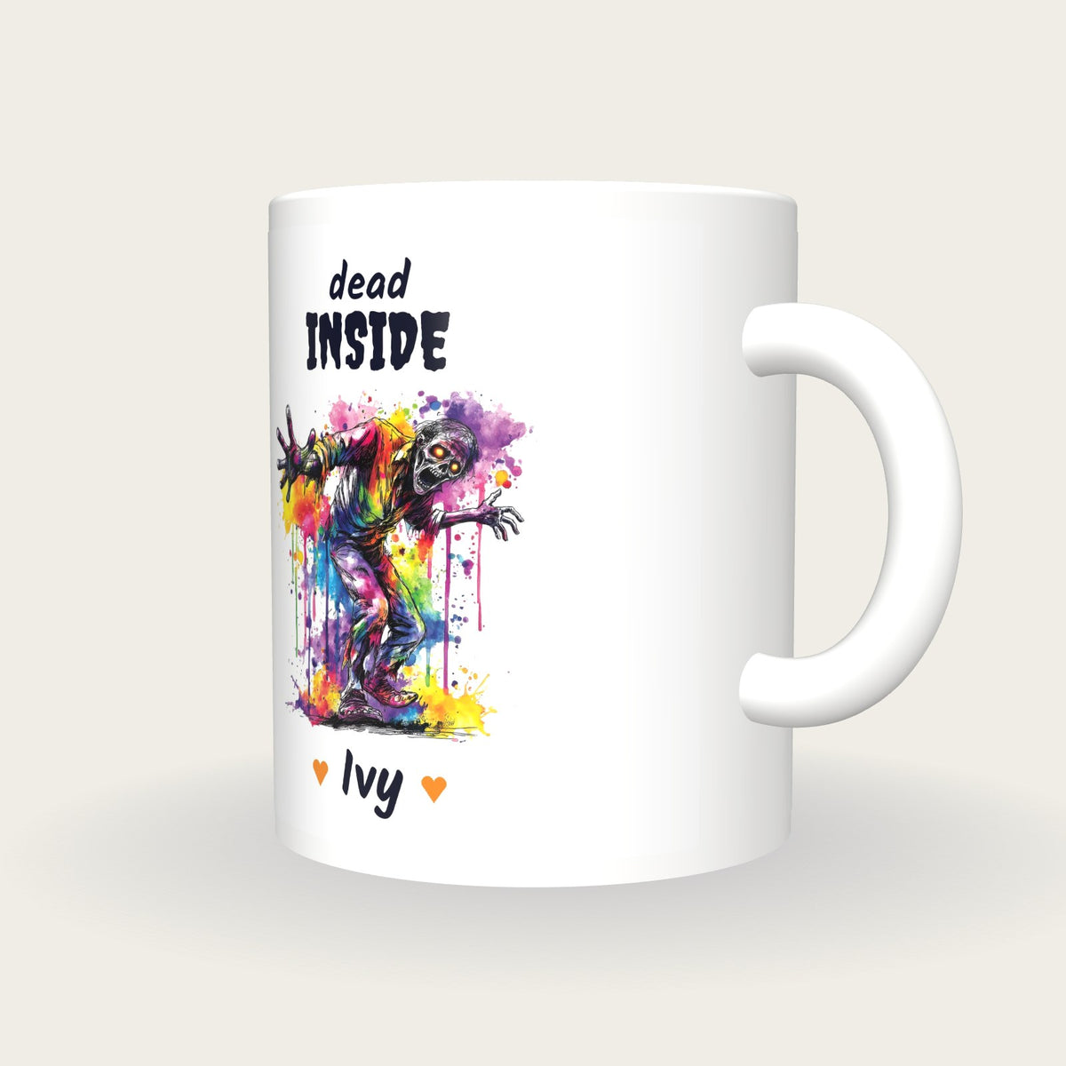 Personalised Neon Zombie Mug, Dead Inside, three-quarter view