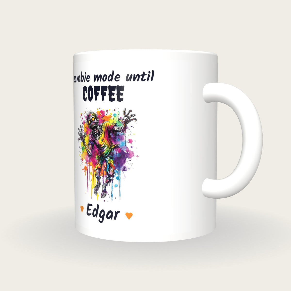 Personalised Neon Zombie Mug, Zombie Mode Until Coffee, three-quarter view