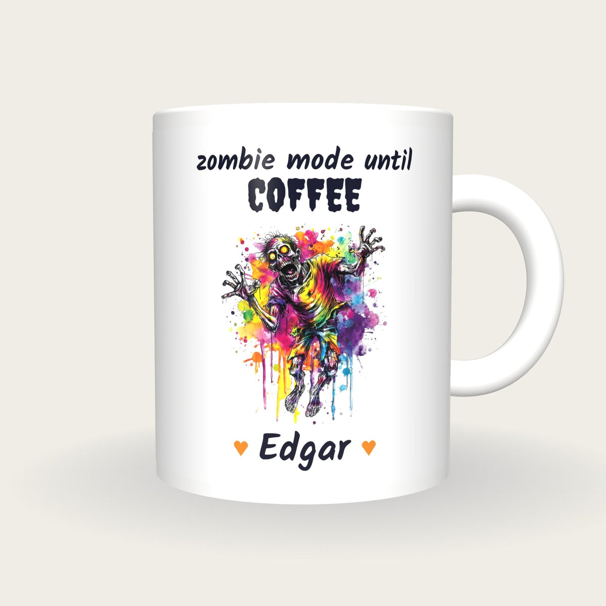 Personalised Neon Zombie Mug, Zombie Mode Until Coffee, front
