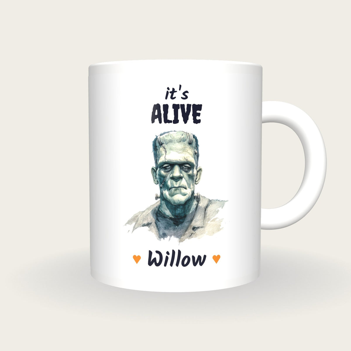 Personalised Monster Mug, It's Alive, front