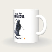 Personalised Grim Reaper Mug, Here For Your Soul, three-quarter view