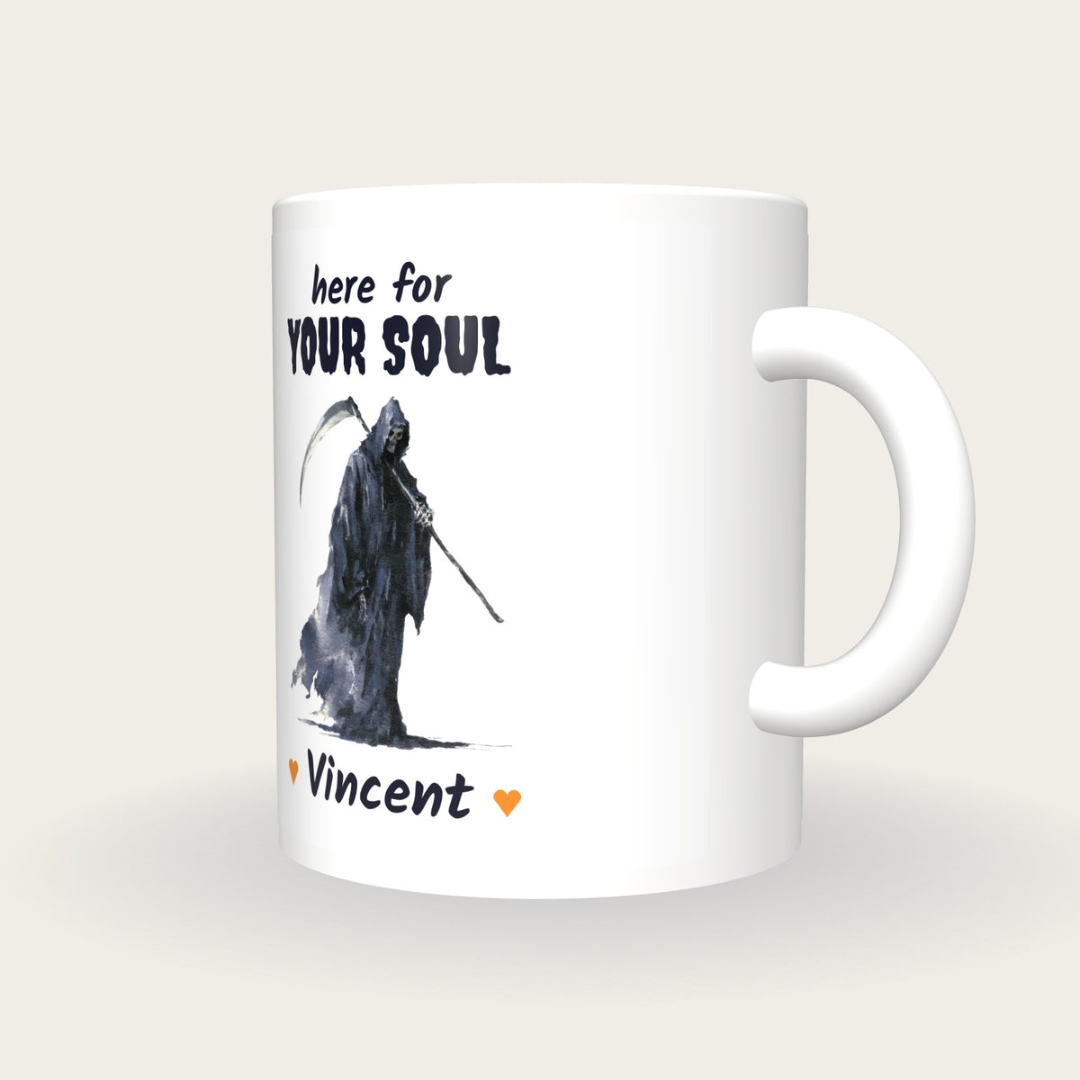 Personalised Grim Reaper Mug, Here For Your Soul, three-quarter view