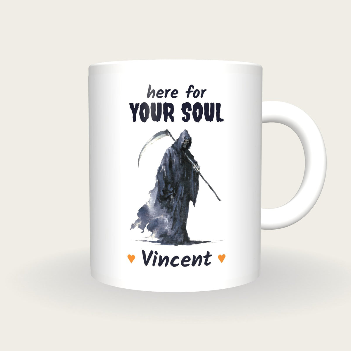 Personalised Grim Reaper Mug, Here For Your Soul, front