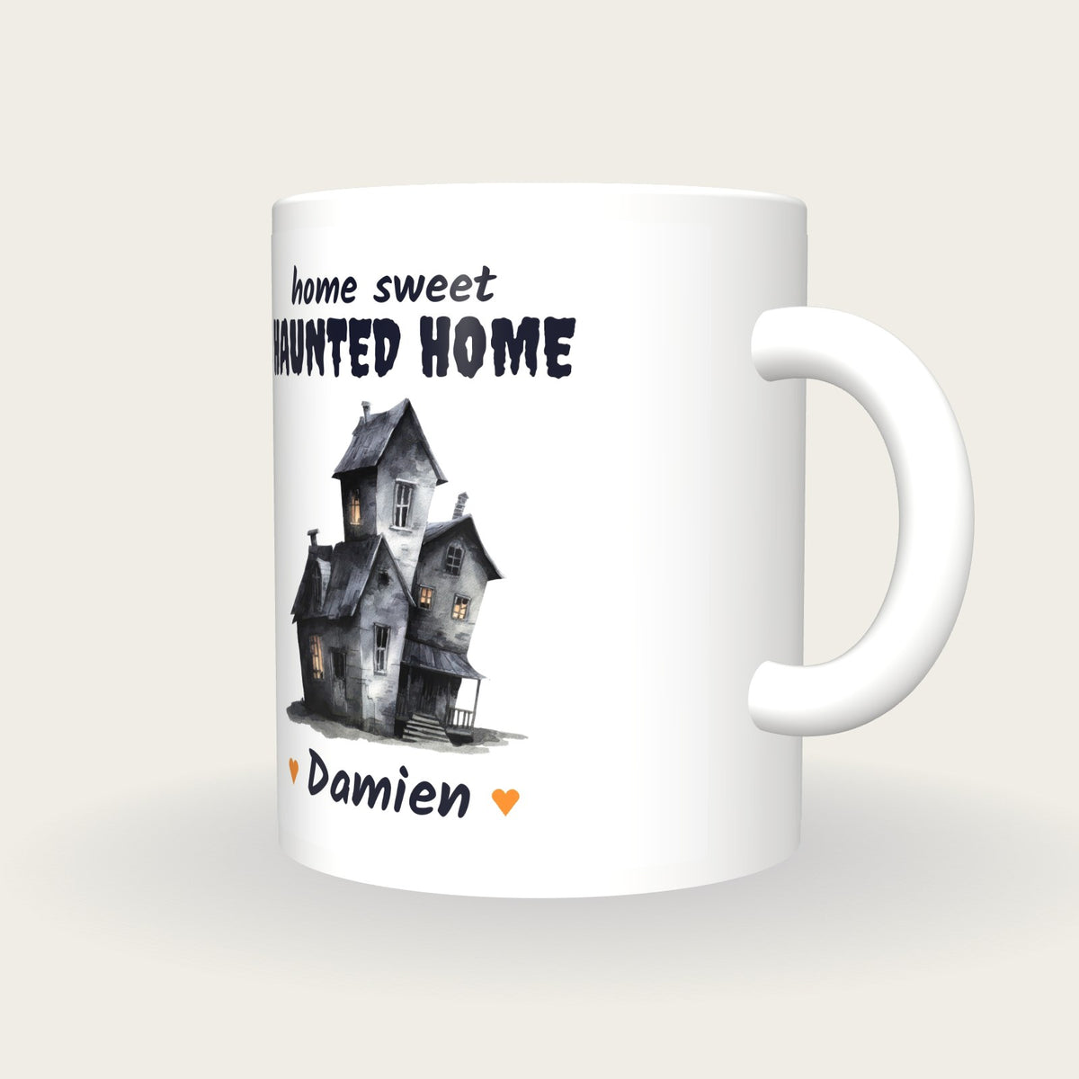 Personalised Haunted House Mug, Home Sweet Haunted Home, three-quarter view