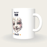Personalised Haunted Puppet Mug, Horror Fan, three-quarter view