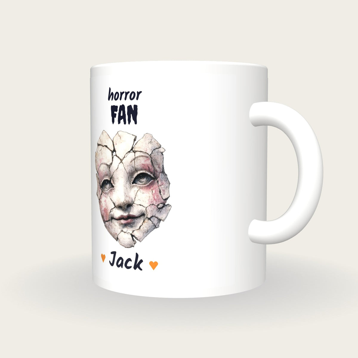 Personalised Haunted Puppet Mug, Horror Fan, three-quarter view