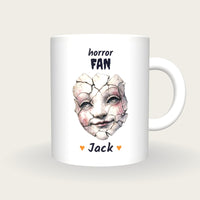 Personalised Haunted Puppet Mug, Horror Fan, front