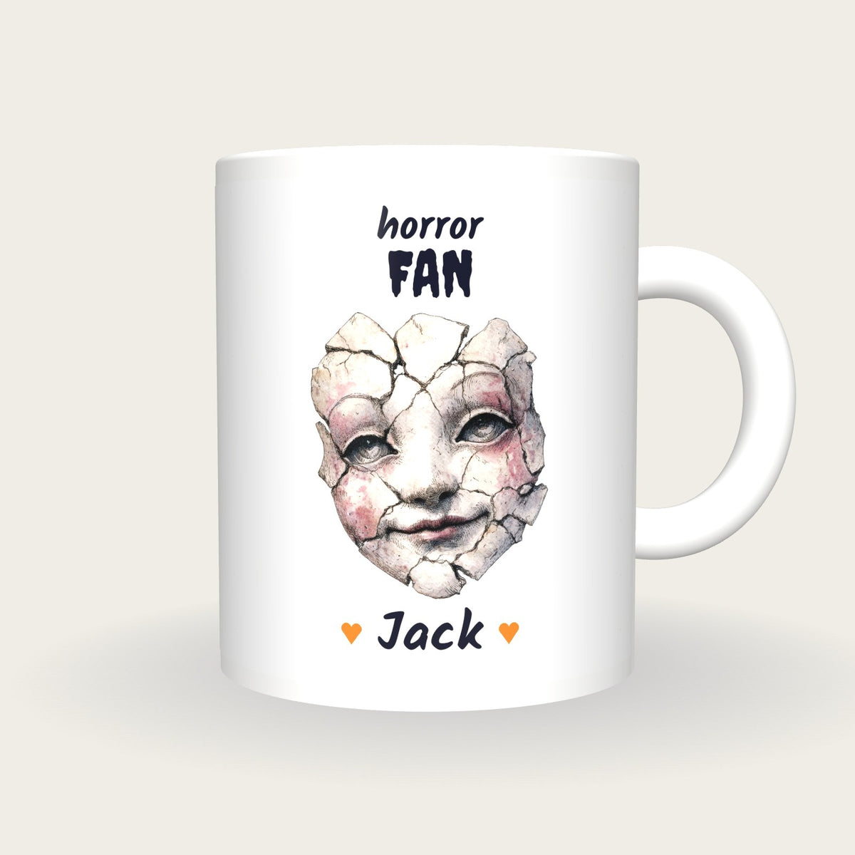 Personalised Haunted Puppet Mug, Horror Fan, front
