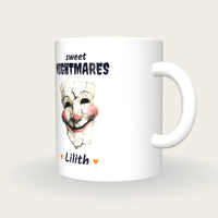 Personalised Haunted Puppet Mug, Sweet Nightmares, three-quarter view