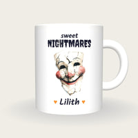 Personalised Haunted Puppet Mug, Sweet Nightmares, front