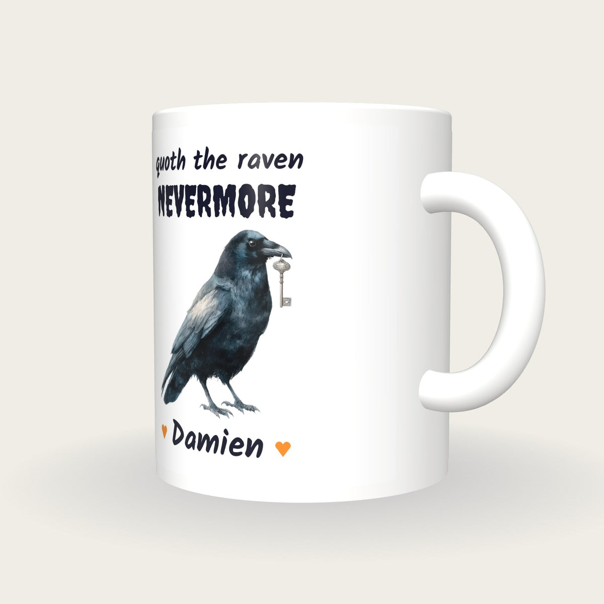 Personalised Raven Mug, Quoth The Raven Nevermore, three-quarter view
