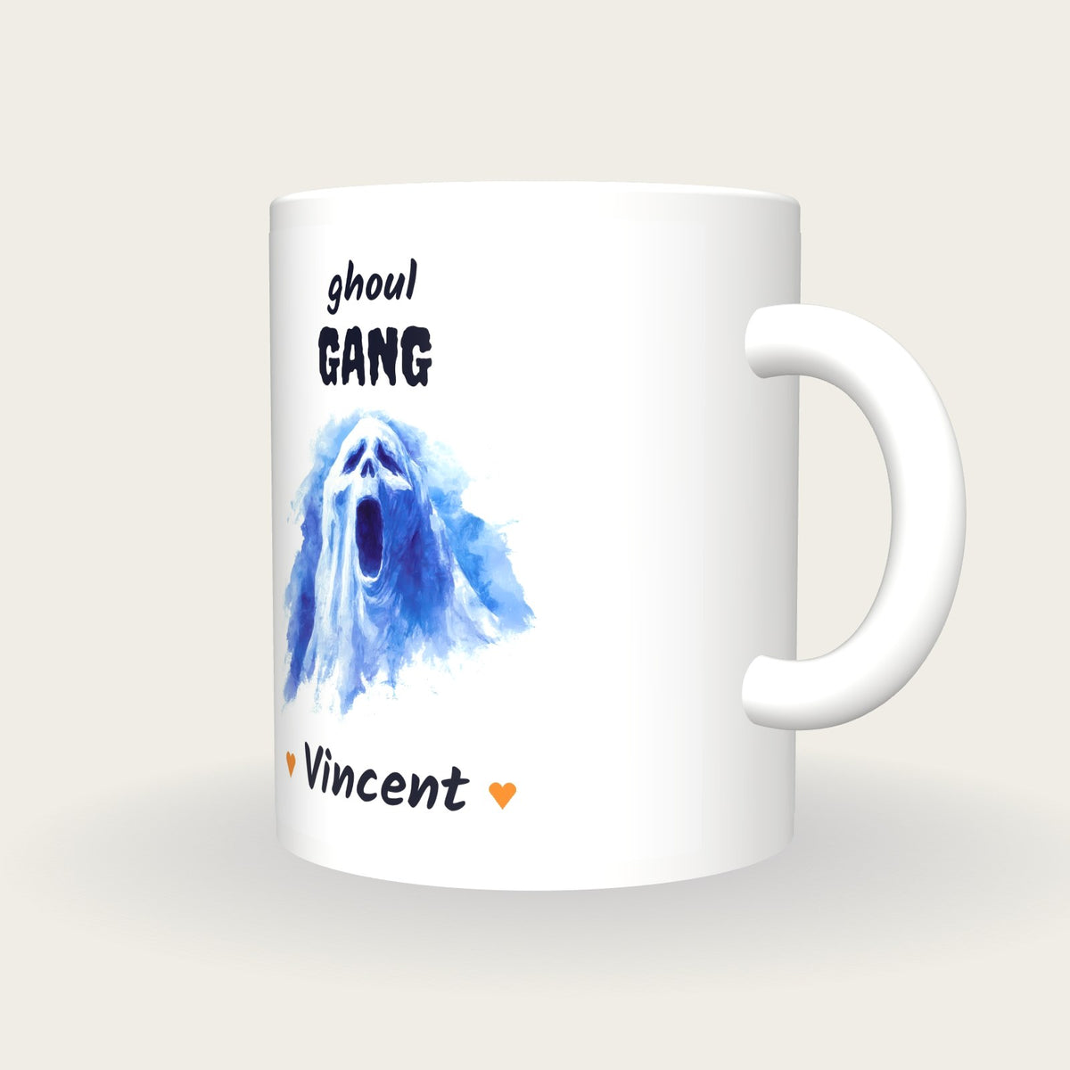 Personalised Screaming Ghost Mug, Ghoul Gang, three-quarter view