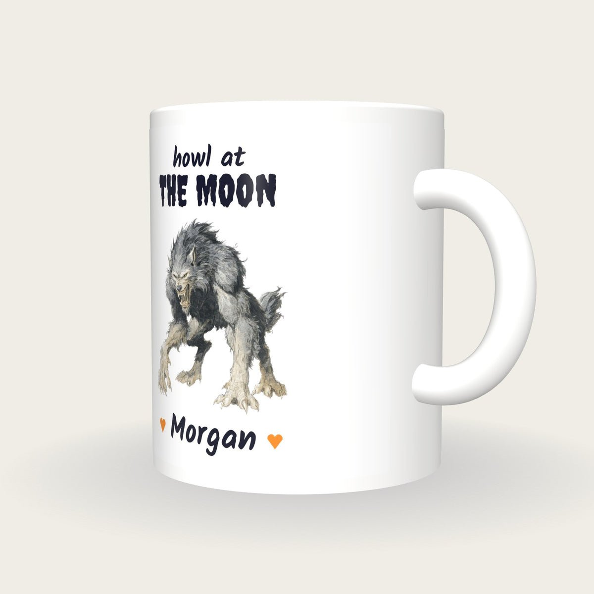 Personalised Werewolf Mug, Howl At The Moon, three-quarter view