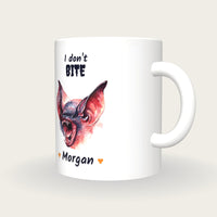Personalised Vampire Bat Mug, I Don't Bite, three-quarter view