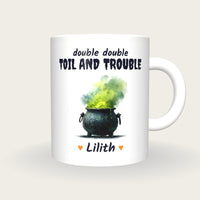 Personalised Witches Cauldron Mug, Double Double Toil And Trouble, front