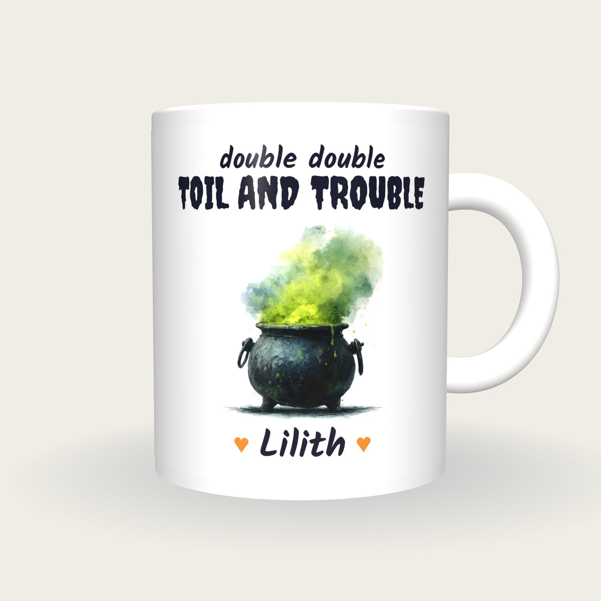 Personalised Witches Cauldron Mug, Double Double Toil And Trouble, front