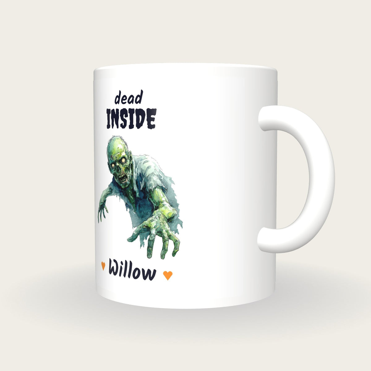 Personalised Zombie Mug, Dead Inside, three-quarter view