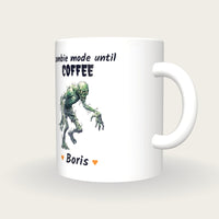 Personalised Zombie Mug, Zombie Mode Until Coffee, three-quarter view