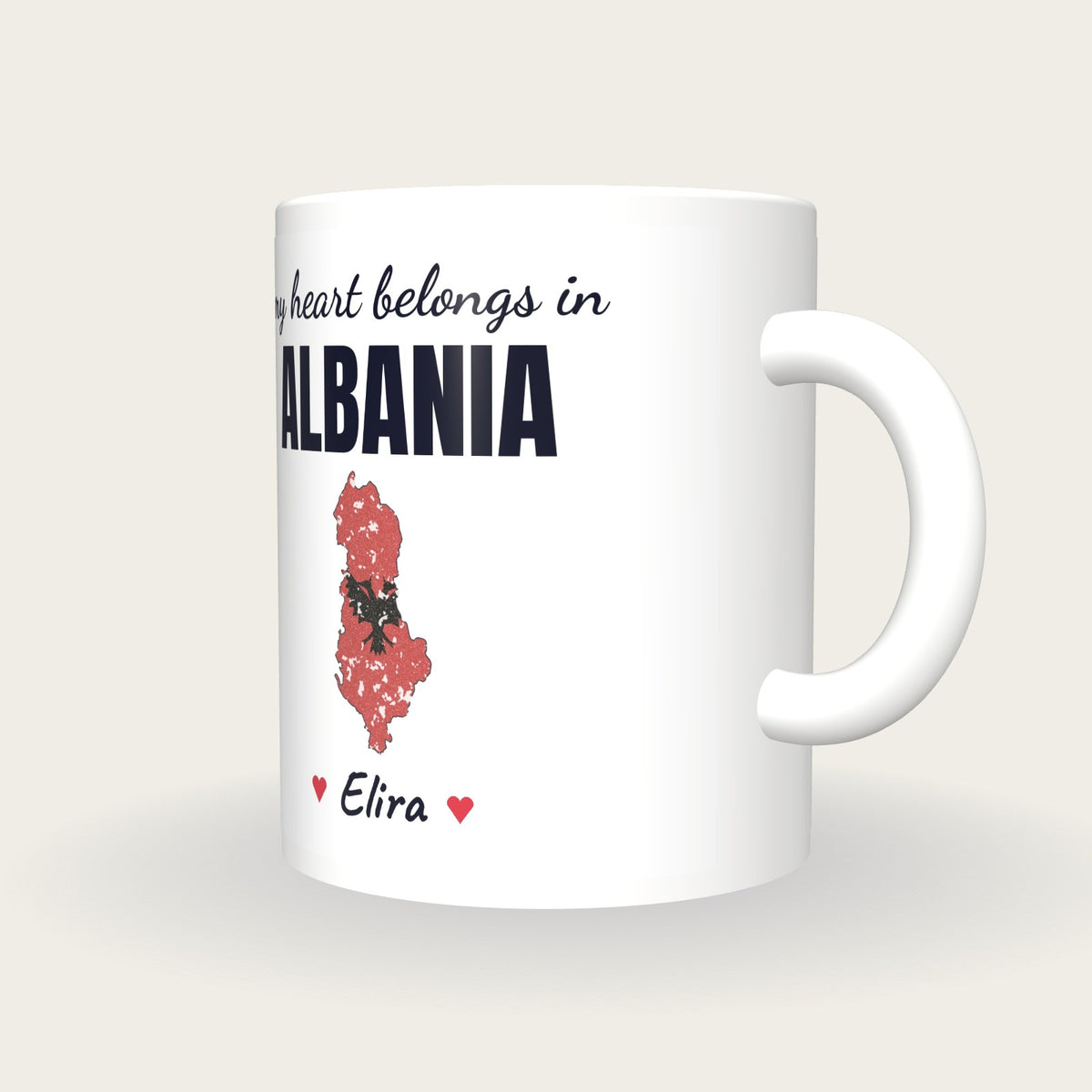 Personalised Albania Map Mug, My Heart Belongs In Albania, three-quarter view